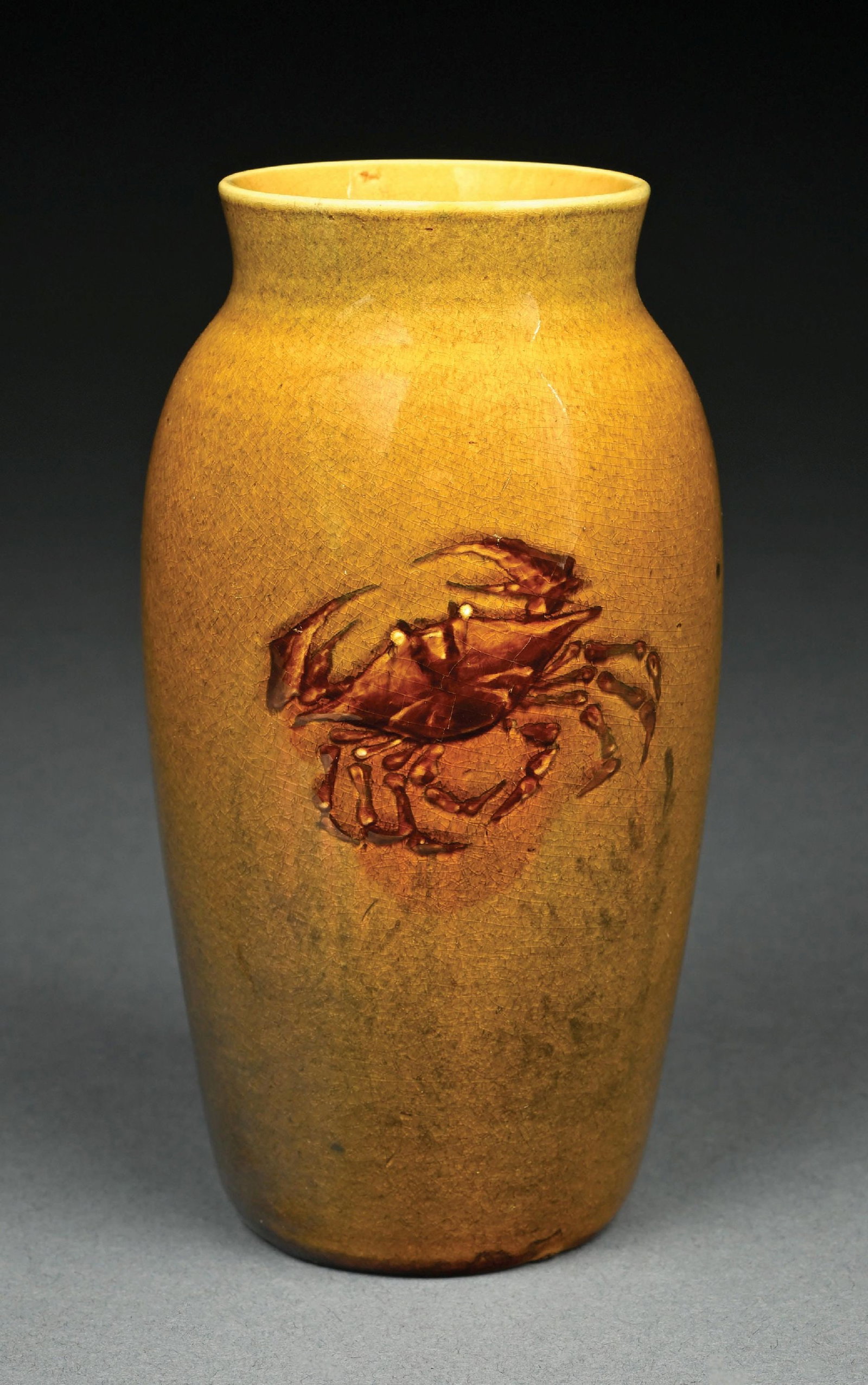 MARTIN RETTIG (1869-1956) FOR ROOKWOOD POTTERY CRAB VASE: A beautiful ceramic vase by Martin Rettig for Rookwood Pottery. The 6-1/2" tall vase has a brown background with wonderful crab decoration. Incised to underside "MR2MM80B Rookwood 1884". Condition: