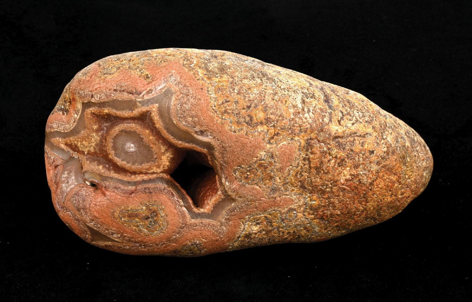 TROPHY FAIRBURN: Rare large Fairburn agate. Rough stone with an aesthetic shape, giant face, deep vug with nice color tones and pattern on the back. Found in a stream 50-60 years ago by a hunter east of Manville, WY.