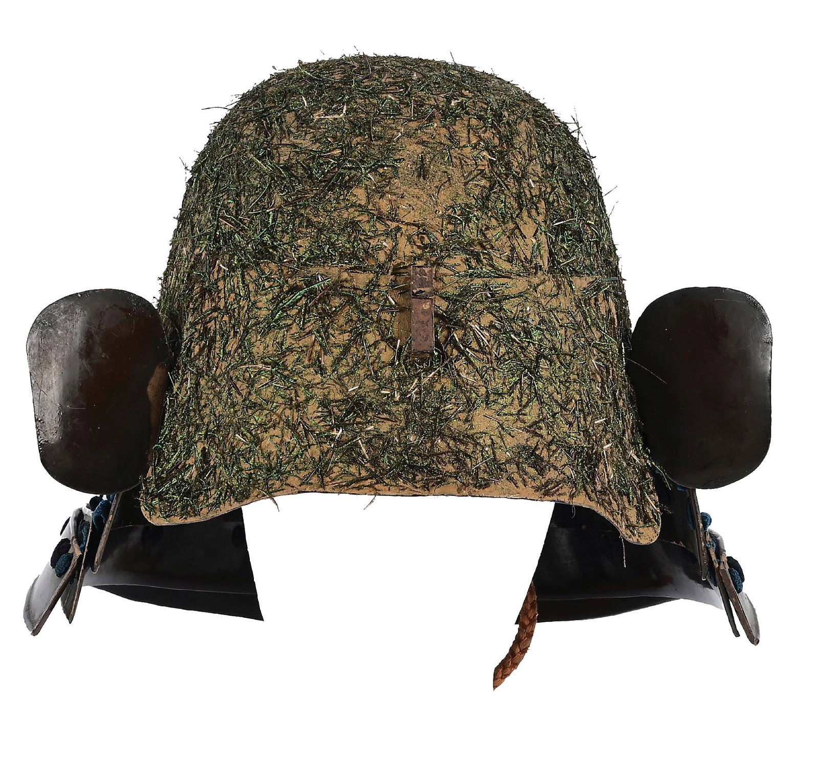 KABUTO WITH GRASSY COVER: While wrapped in a canvas color with a covering designed to resemble grass, the construction appears to be zunari. Three lame shikoro with dark midnight blue lacing, three hanging lames with beaded ed