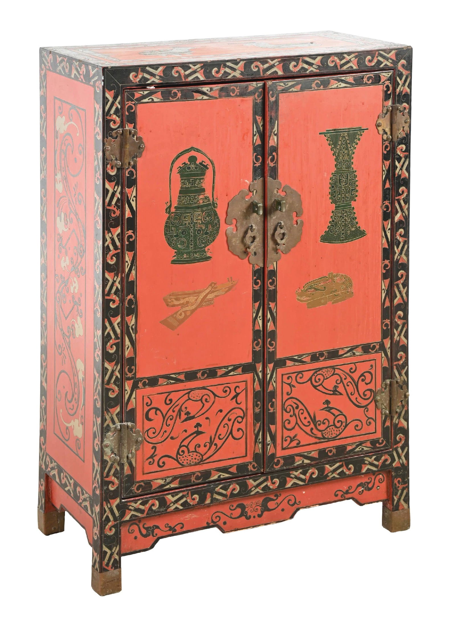 ASIAN HAND-PAINTED CABINET: This is a wonderful Asian end cabinet done in lacquered red paint, with detailed scrolling and subjects throughout. Condition: (Excellent). Dimensions: 25" x 12 - 1/4" x 37".