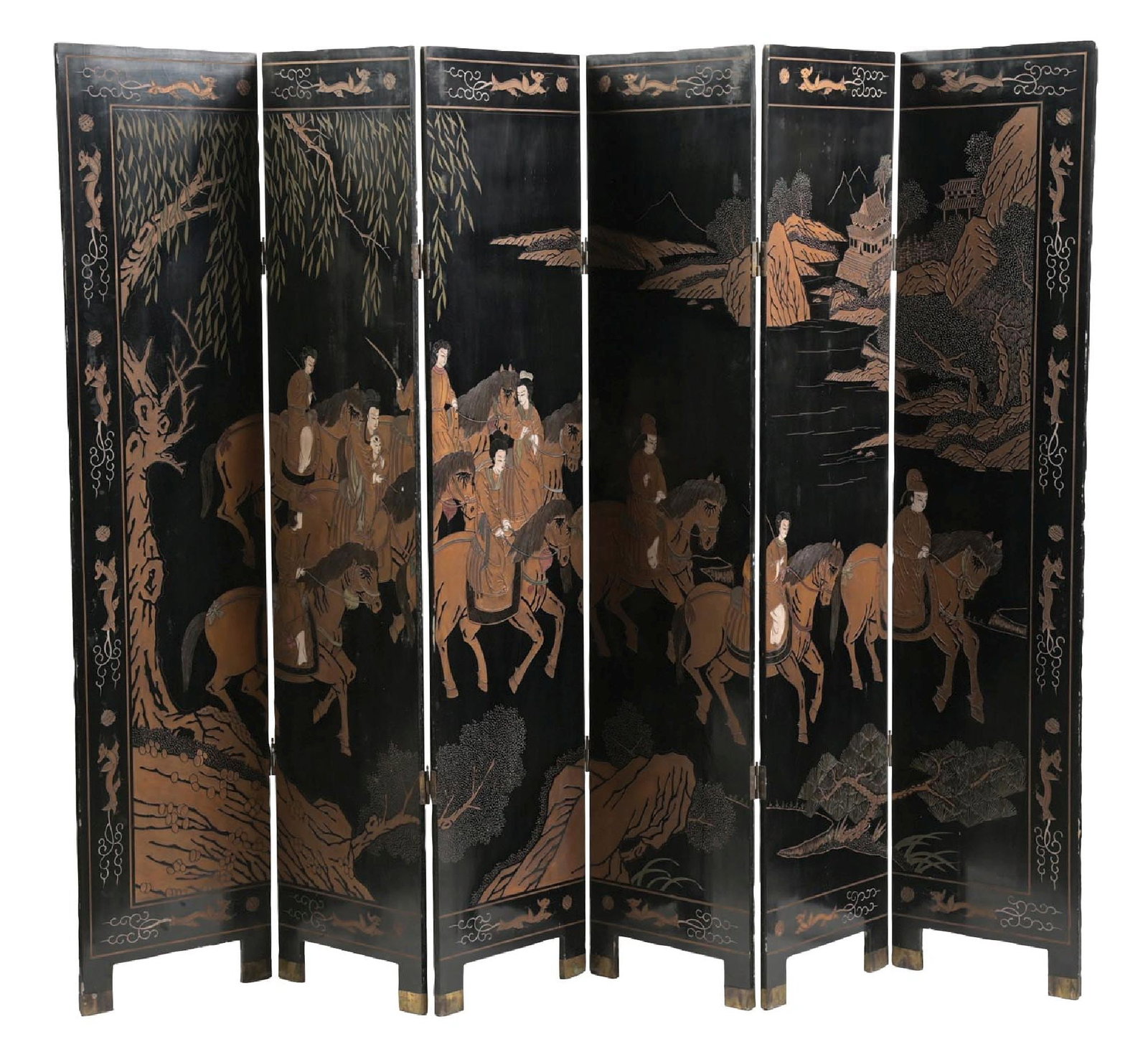 SIX-PANEL ASIAN CARVED WOOD SCENIC ROOM DIVIDER (1 of 7)