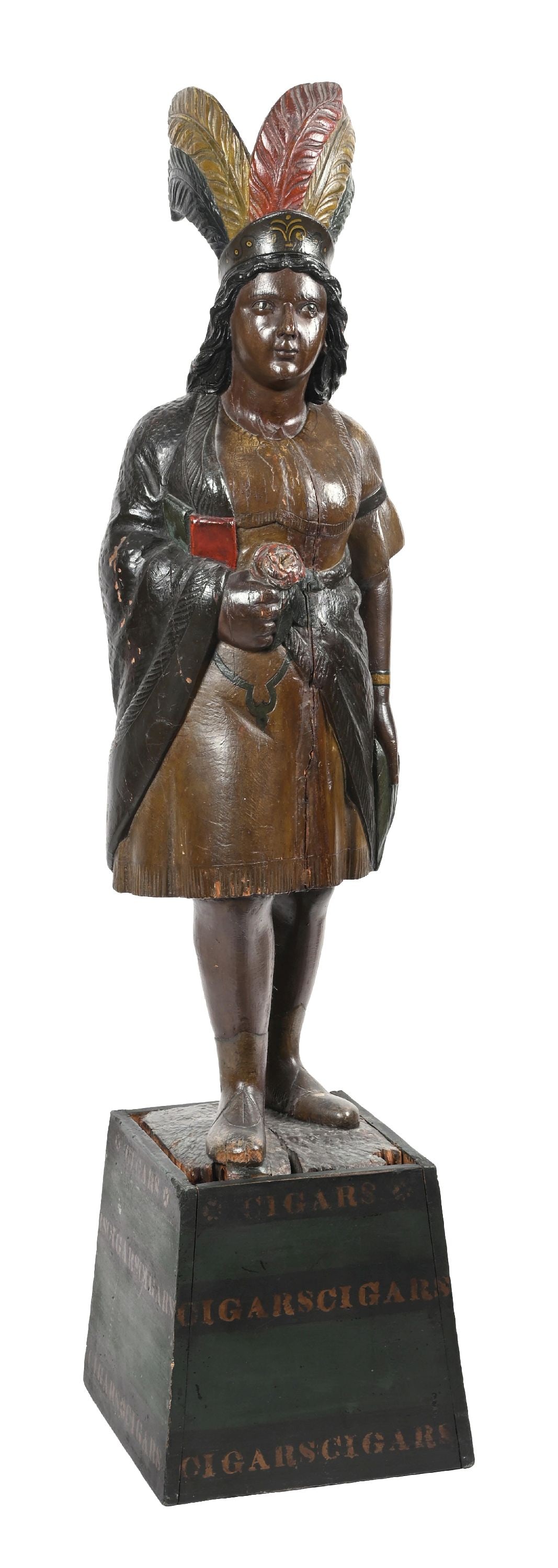 CARVED WOODEN INDIAN HOLDING ROSE (1 of 6)