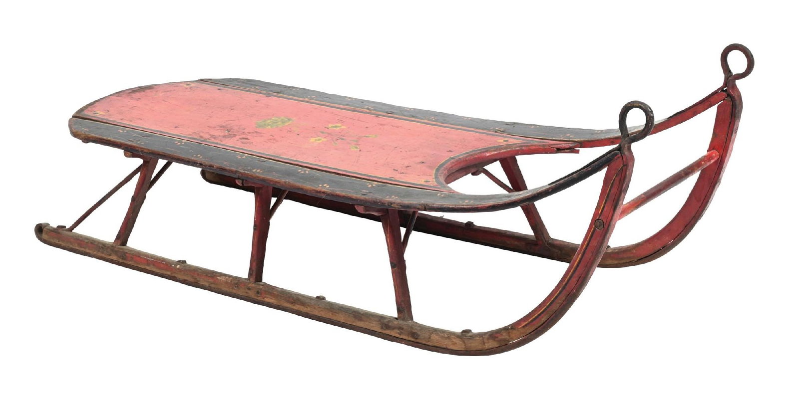 EARLY RED WOODEN SLED WITH FLORA DESIGN: Nice early wooden sled with original red paint and floral design. Late 1800s. Condition: (Excellent). Dimensions: 38" x 13 - 1/2" x 12 - 1/2".