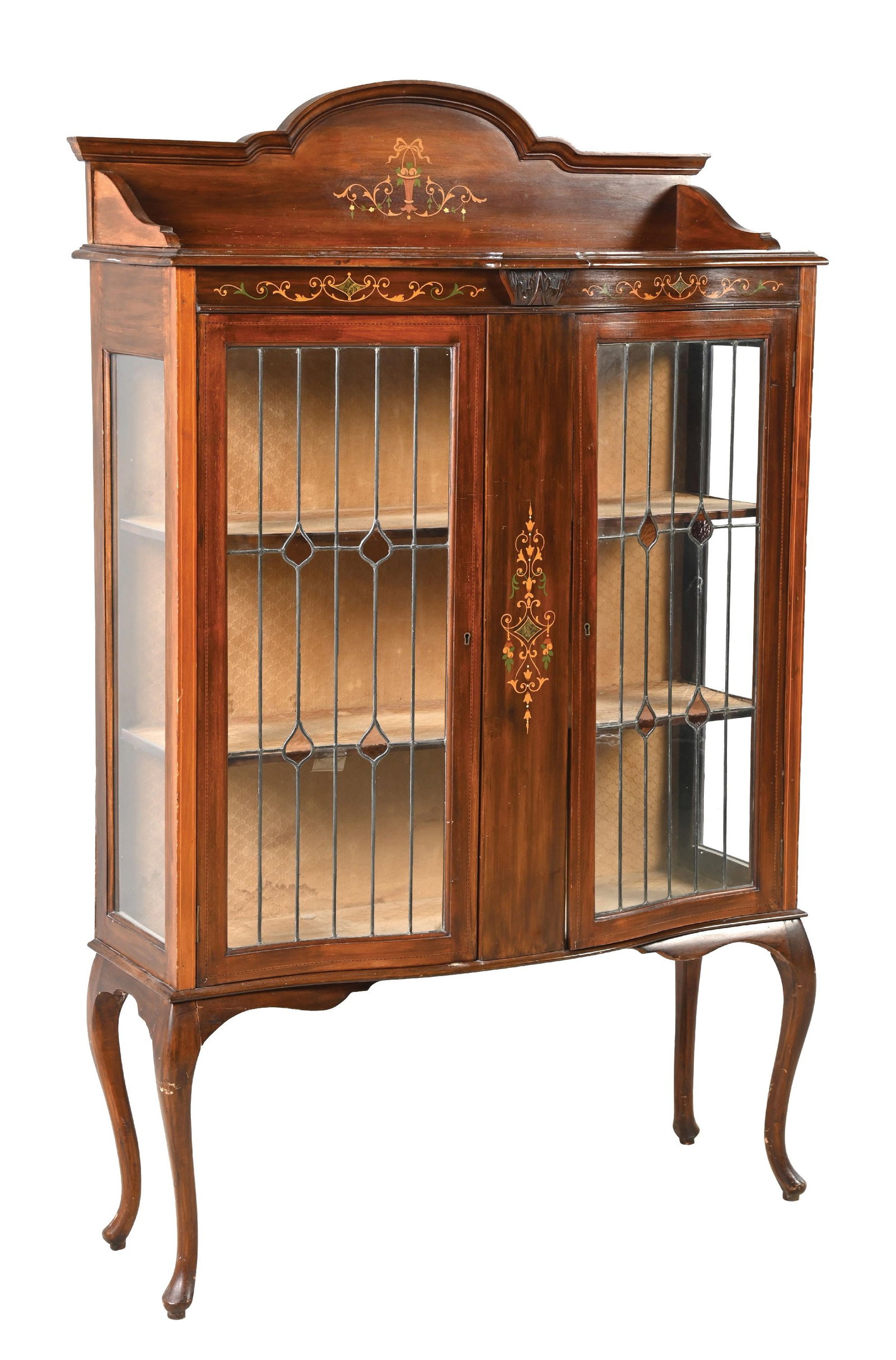 INLAID GLASS CHINA CLOSET: Cherry wood. Beautiful inlaid wood on front. Wooden shelves. Condition: (Excellent). Dimensions: 42" x 14" x 68".