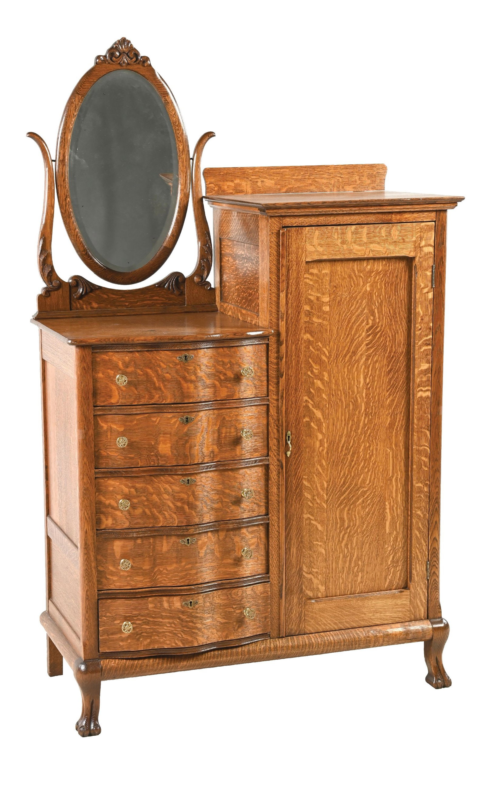 QUARTERED OAK VICTORIAN DRESSER WITH CHILDS WARDROBE & MIRROR (1 of 4)