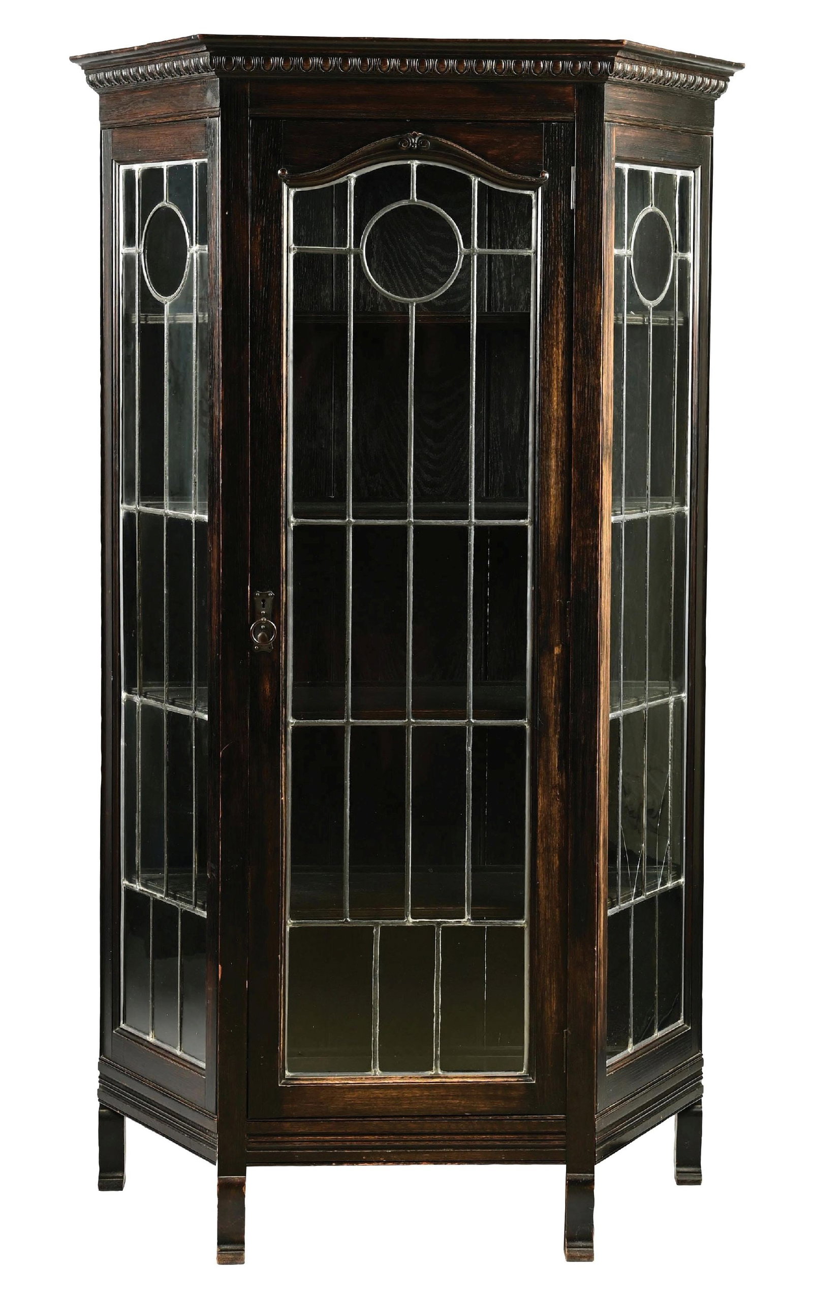BLACK-STAINED OAK CURIO CABINET W/ LEADED GLASS WINDOWS (1 of 9)