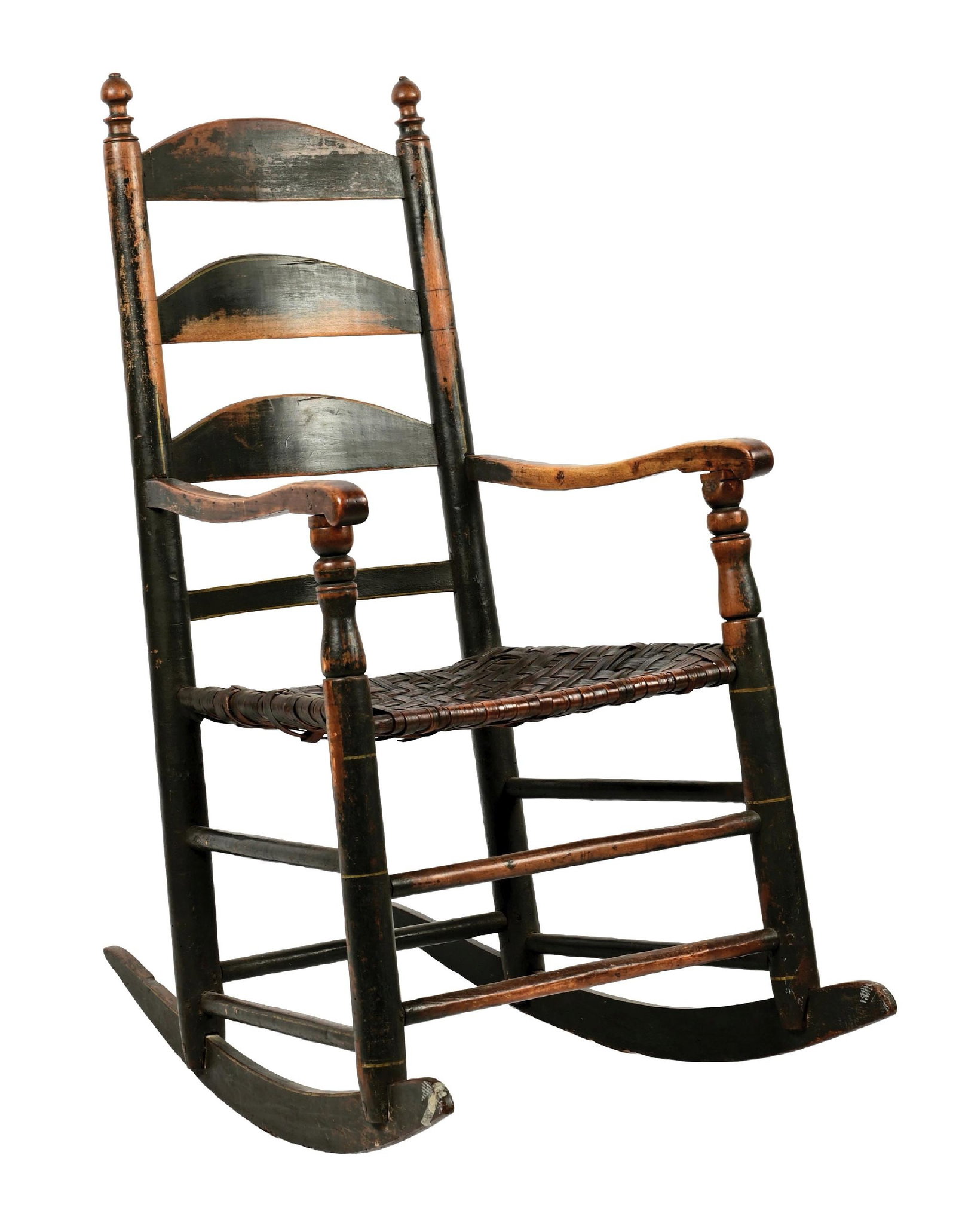 ANTIQUE AMERICAN HITCHCOCK STYLE LADDER-BACK ROCKING CHAIR: C. 1880–1920. An American Hitchcock-style ladder back rocking chair featuring a black painted frame with contrasting worn wood highlights, three-shaped ladder back slats, turned arm supports, an