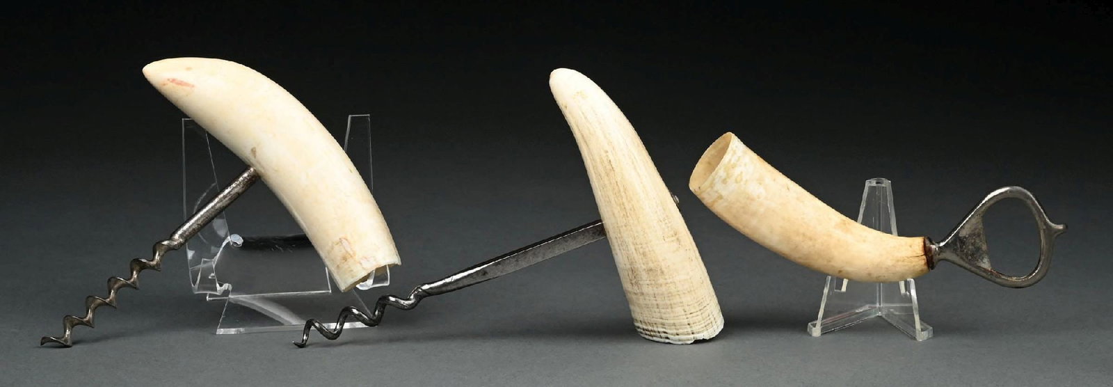 COLLECTION OF 3: CORKSCREWS & BOTTLE OPENER: (A) C. 1800s–1900. A tusk-handled bottle opener and corkscrew set, likely fashioned from boar tusk or horn, featuring natural grain and curvature. The steel implements are mounted into the tusk,