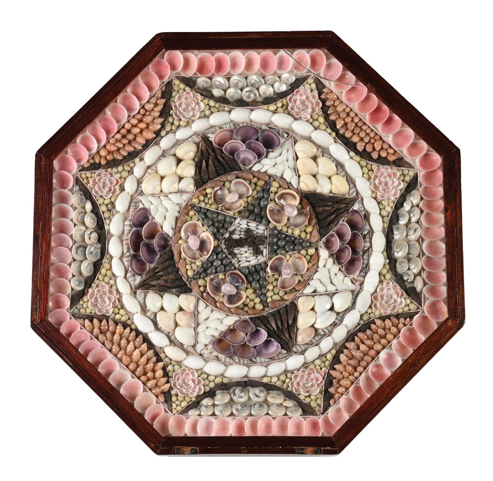 EARLY SAILOR"S SEASHELL VALENTINE: This is a beautiful late 1800s sailor's valentine. Sailor's would make these seashell-themed valentines when out at see to bring home to their loved ones. Comes in walnut case. Condition is good,