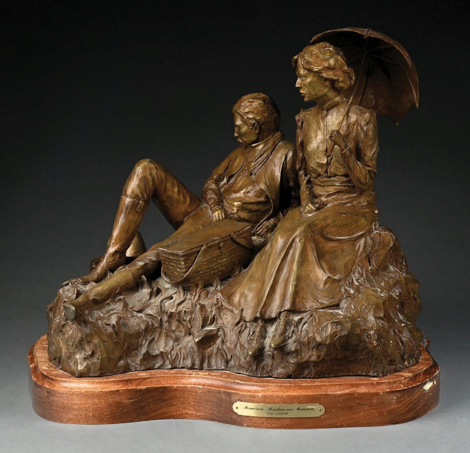 CODY HOUSTON (B. 1941): Mountains, Meadows, and Memories Bronze C. 1980s-1990s. A large Western romantic genre bronze sculpture titled “Mountains, Meadows and Memories” by Cody Houston (American, b. 1941). The co