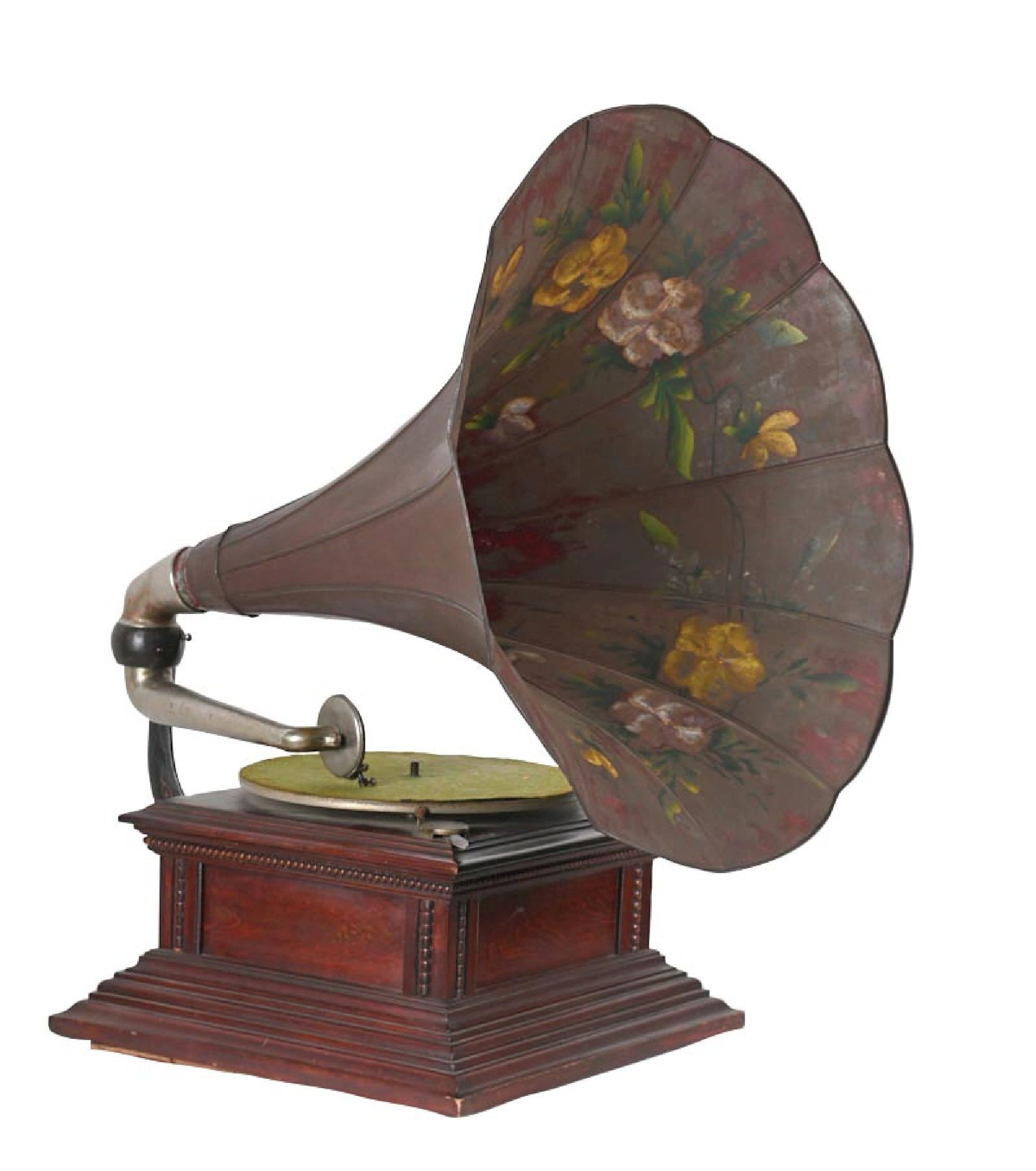 VICTOR MODEL 6 MAHOGANY PHONOGRAPH: C. 1903. It shows an original mahogany cabinet with light scuffs and scrapes overall from age and use. It has original turntable, felt, reproducer, and a painted morning glory tin horn with original d