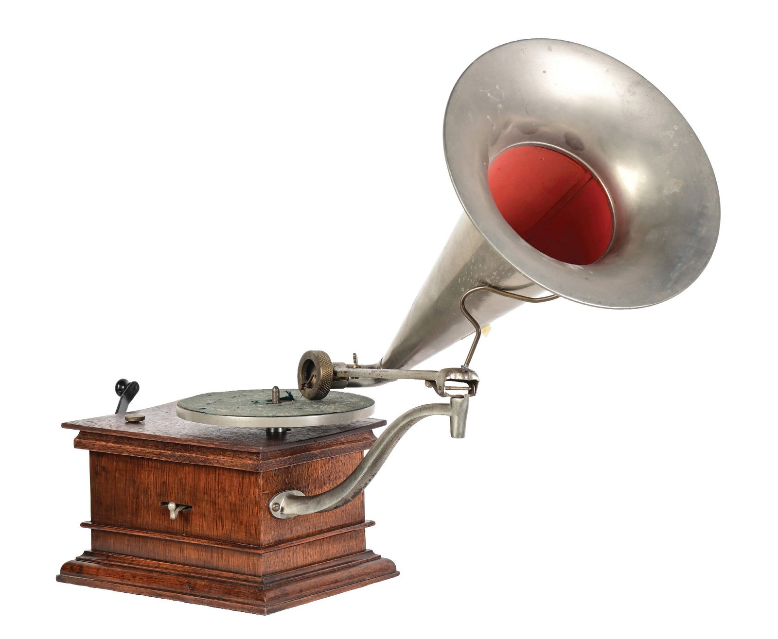EXTREMELY RARE ZON-O-PHONE RECORD PHONOGRAPH: It shows an all original phonograph with oak case, correct Zon-o-Phone decal, correct crank, turntable with warn felt, original crane and tin horn. The top of the phonograph is loose and will need to