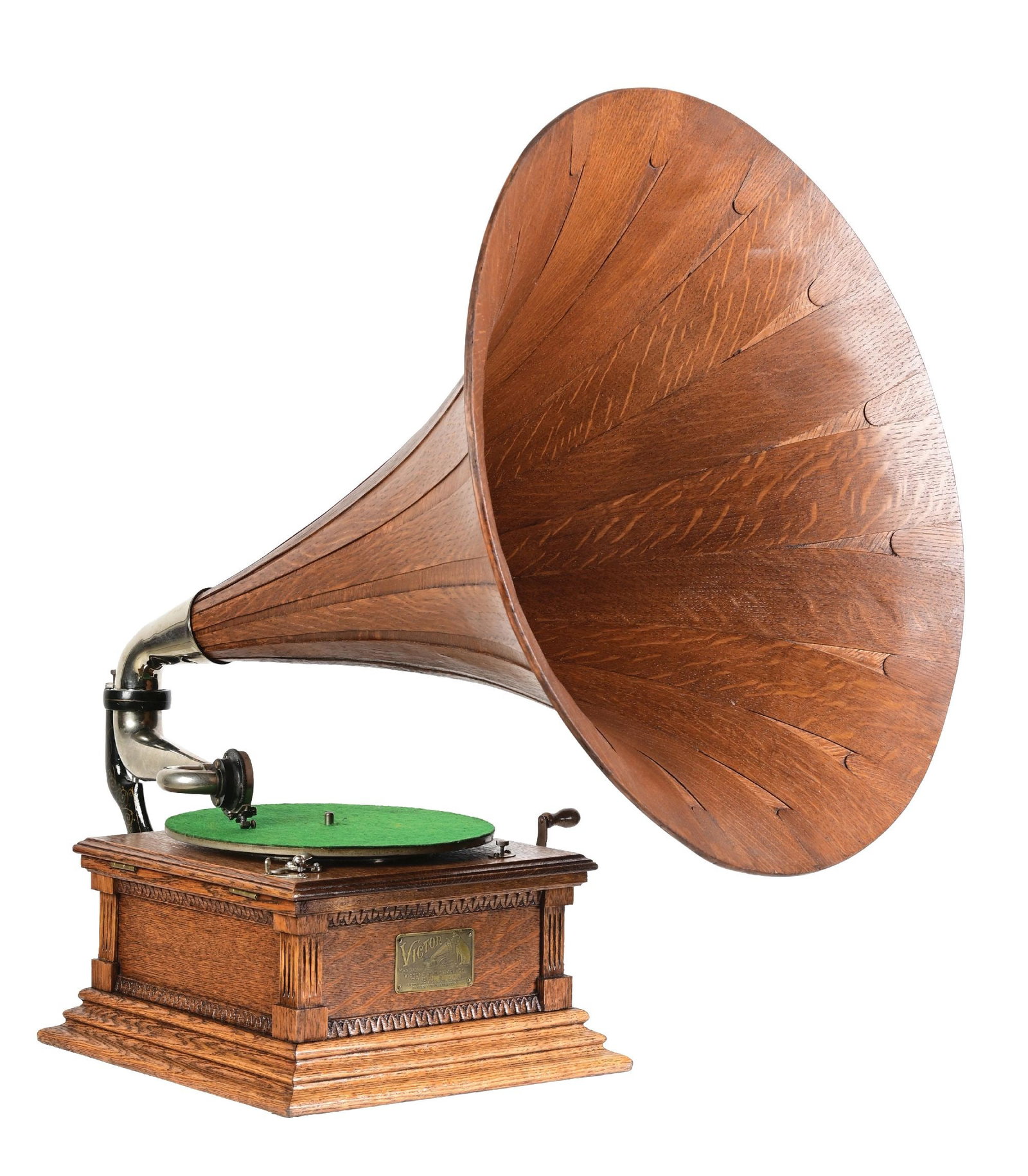 RCA VICTOR TYPE M RECORD PHONOGRAPH: C. 1910. It shows a refinished carved oak cabinet with correct Victor front labeling. It has the correct reproducer, crank, and turntable with new felt. It comes with an original oak horn, showing no