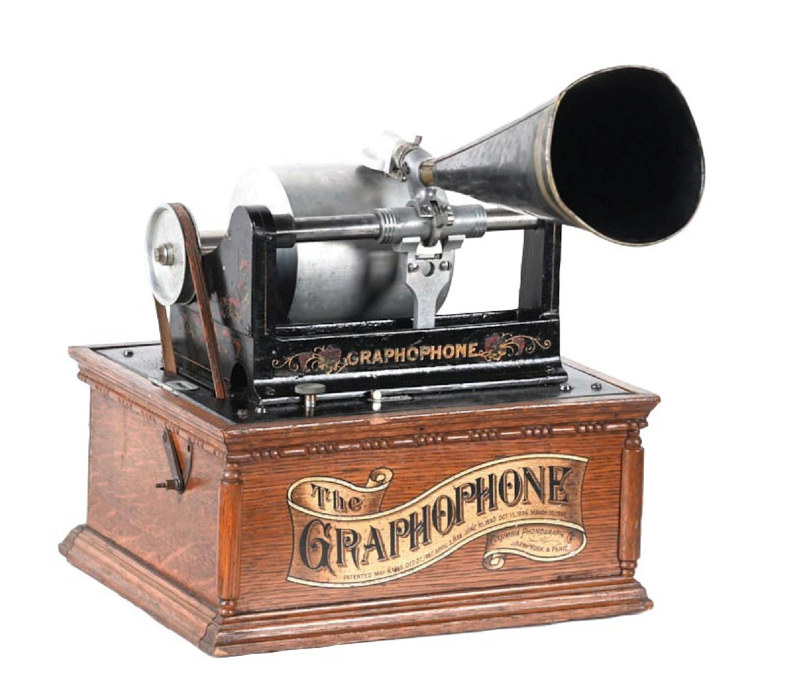 COLUMBIA GRAPHOPHONE TYPE AG CONCERT CYLINDER PHONOGRAPH: C. 1900. Original oak case with original decal, with all the correct Graphophone labeling, with correct mandrel, correct reproducer, correct crank, with vintage horn and original paint, showing scuff