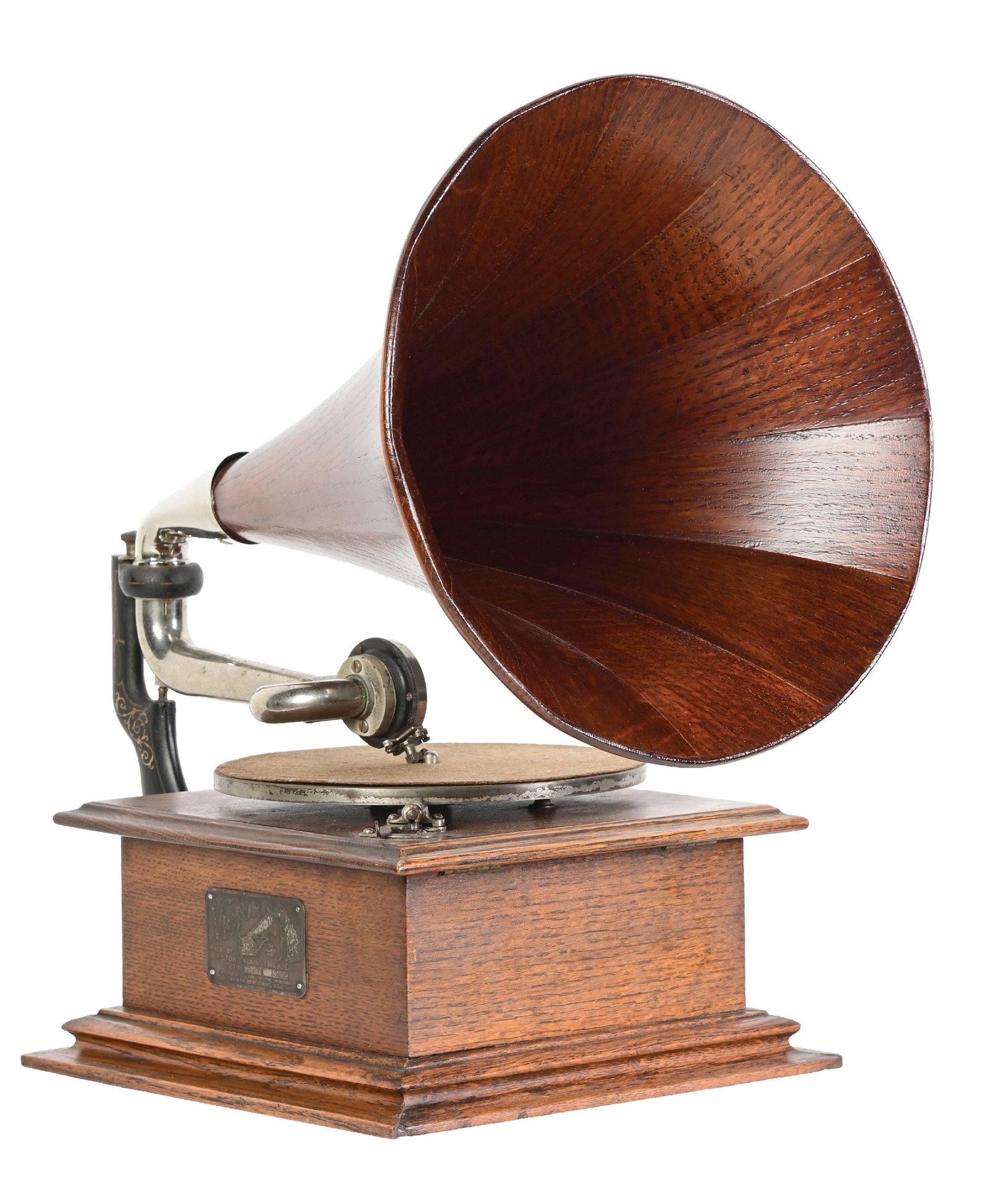 VICTOR TYPE I RECORD PHONOGRAPH: C. 1900. An all original phonograph with a replaced replica oak horn. It shows good pinstriping, original finish to the oak case, original turntable with felt, and correct reproducer. Fully