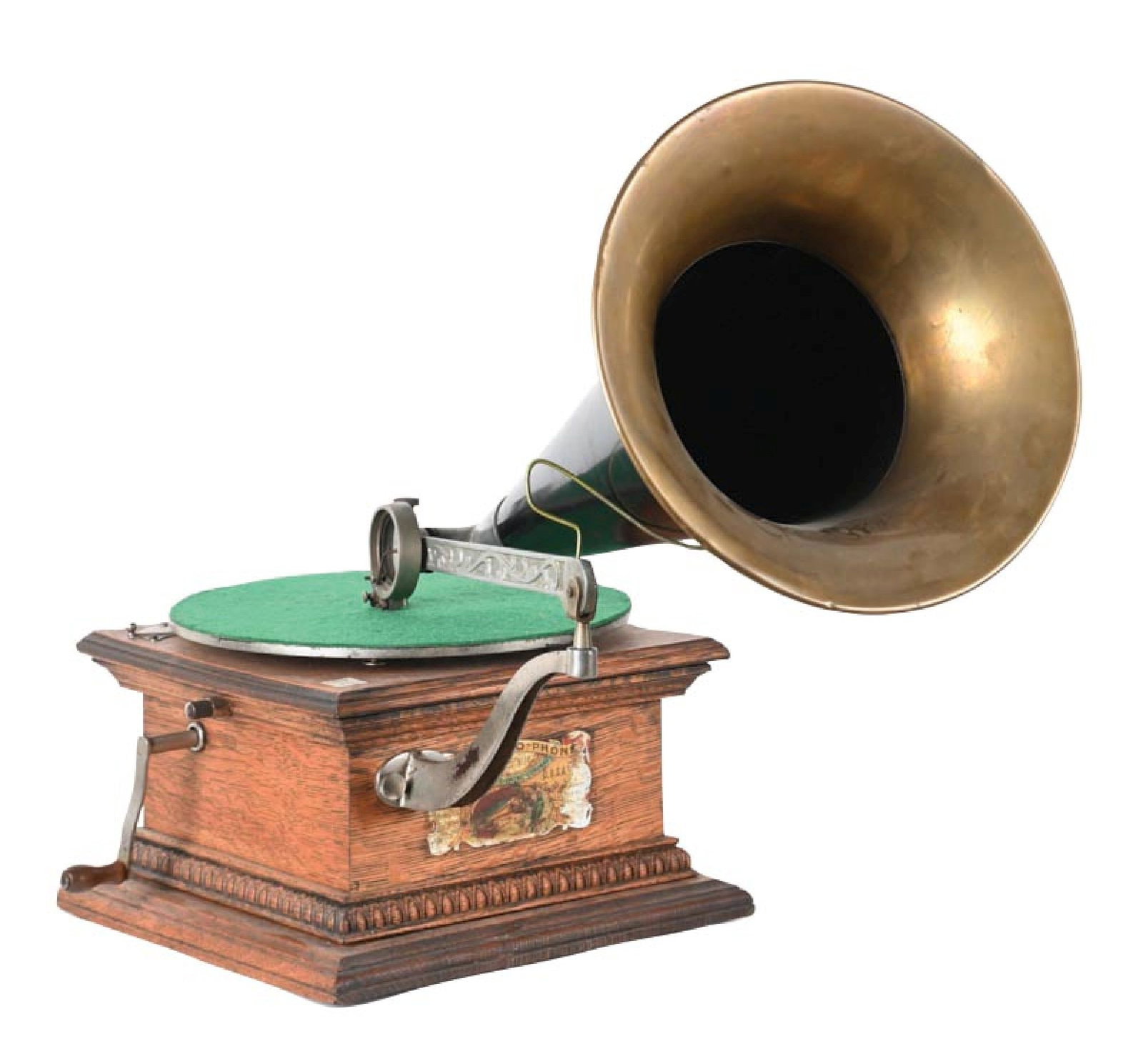TALK-O-PHONE CO. RECORD PHONOGRAPH: C. 1910. Not often seen record phonograph by the Talk-O-Phone Co. out of Toledo, Ohio. It shows an original wood case with Talk-O-Phone decal, correct turntable table with new felt, correct crank,