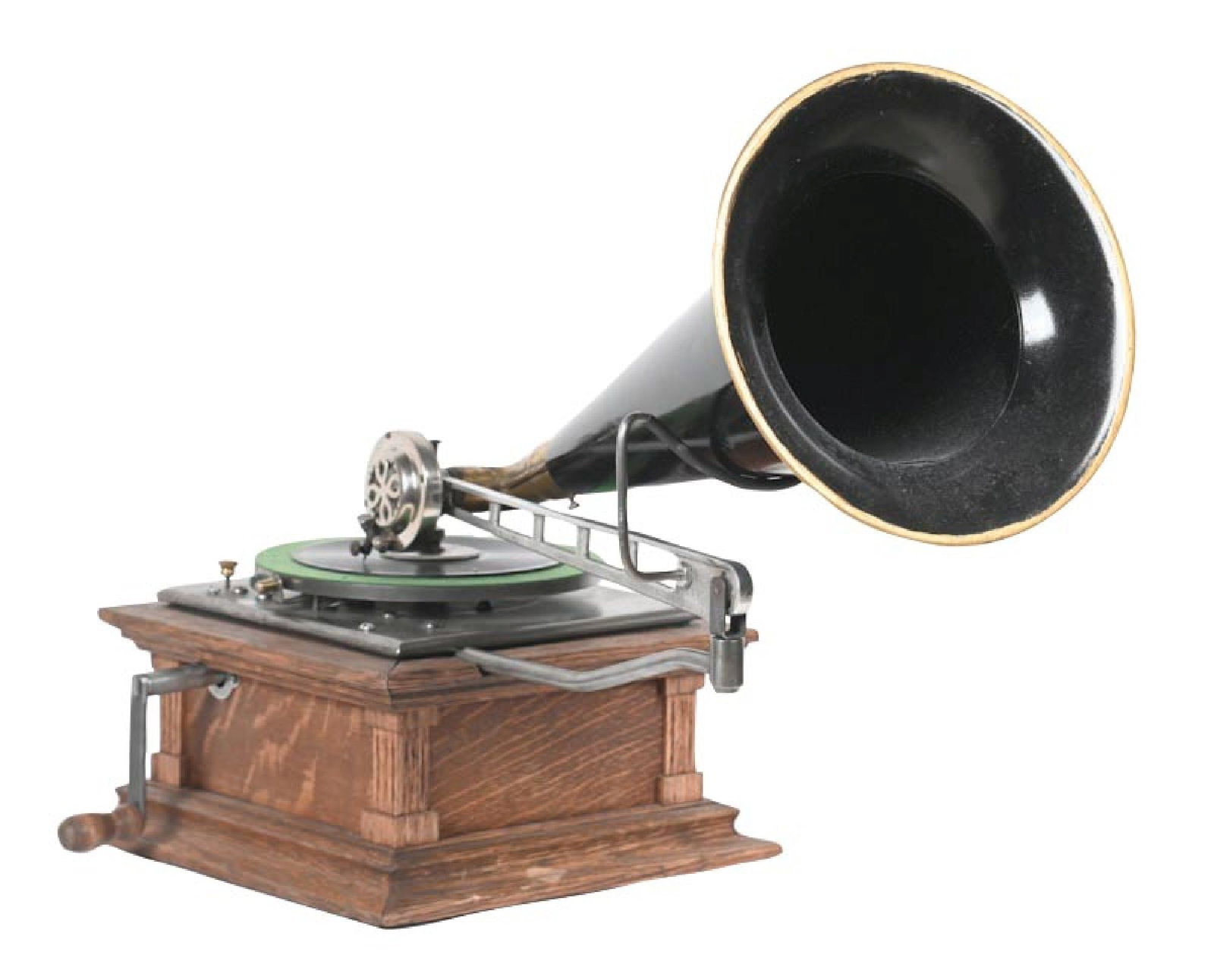 VICTOR TYPE C DISC PHONOGRAPH: C. 1905. Showing original refinished oak cabinet with Eldridge R. Johnson labeling, with correct turntable, new felt, correct crane, correct reproducer, and correct horn with new paint. Fully