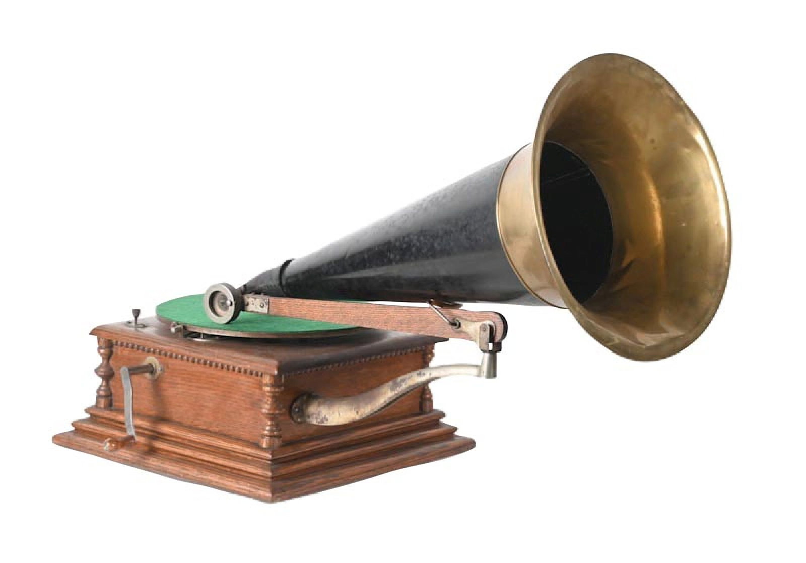 RCA VICTOR TYPE M DISC PHONOGRAPH: C. 1910. Original oak cabinet in original finish with correct Victor labeling, with original crane and original bell horn, in original paint, showing some light denting. Correct reproducer, correct cr