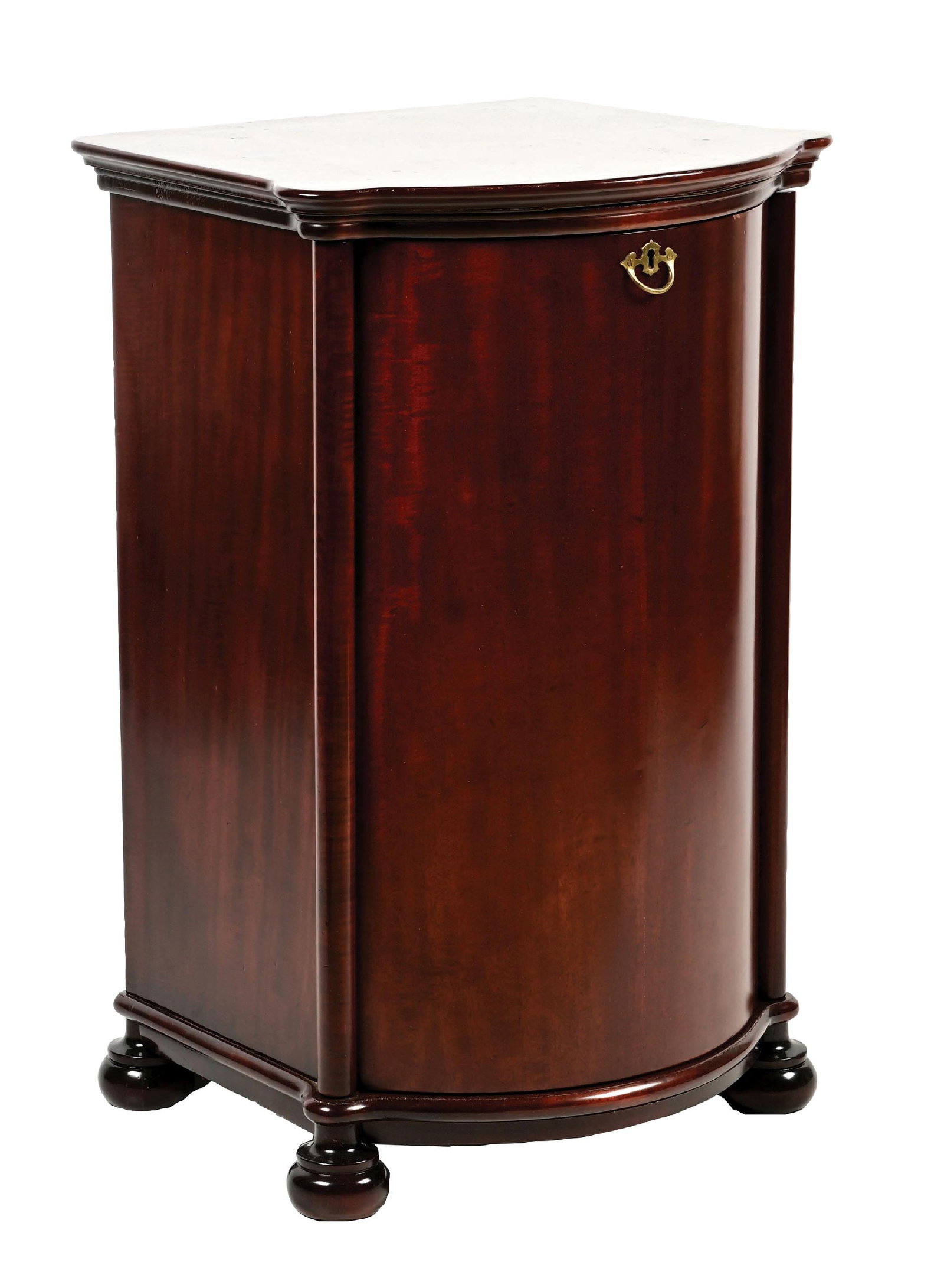 ORIGINAL BOW FRONT MAHOGANY CYLINDER PHONOGRAPH STAND: It shows an all original finish with some areas of scuffs and scrapes due to use. Currently, the front door is locked. This is not a standard shippable item and will require 3rd party shipping or