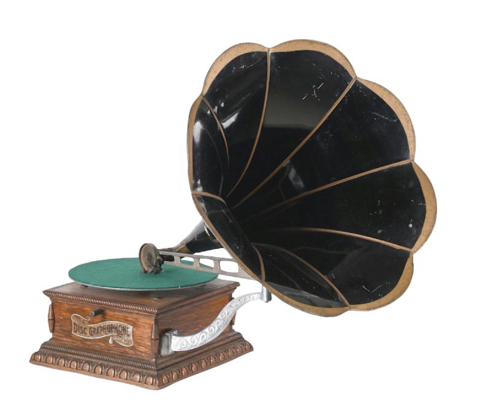 COLUMBIA PHONOGRAPH CO. RECORD PHONOGRAPH: C. 1900. It shows an original finish to the oak cabinet with original turntable and new felt. It has an original crane with painted morning glory horn, showing some scuffs and scrapes. Condition: