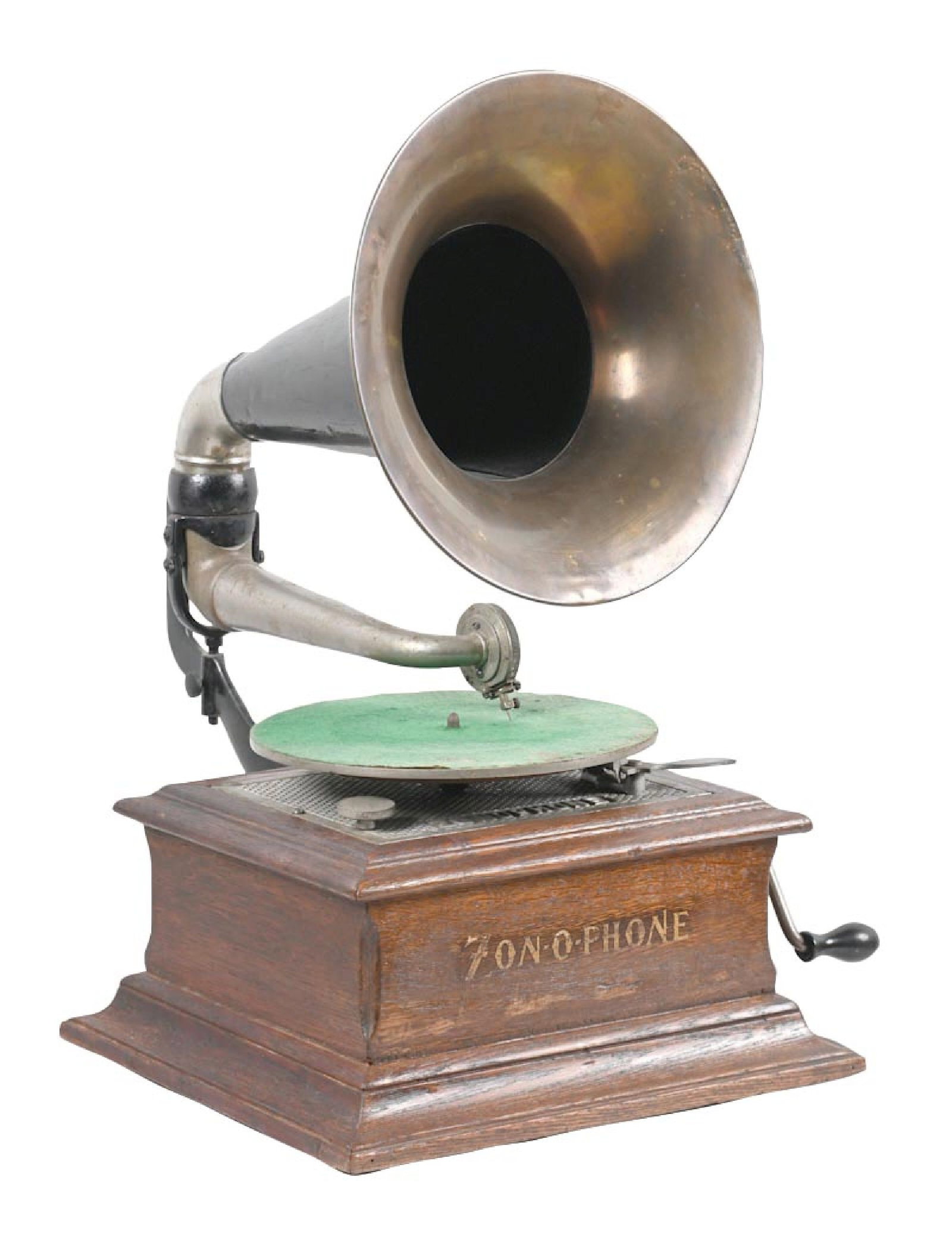 ZON-O-PHONE DISC PHONOGRAPH: C. 1900. Showing original finish to the oak cabinet, with correct metal inset lid, correct turntable with old felt, correct reproducer and original horn. Will require maintenance and lubrication to