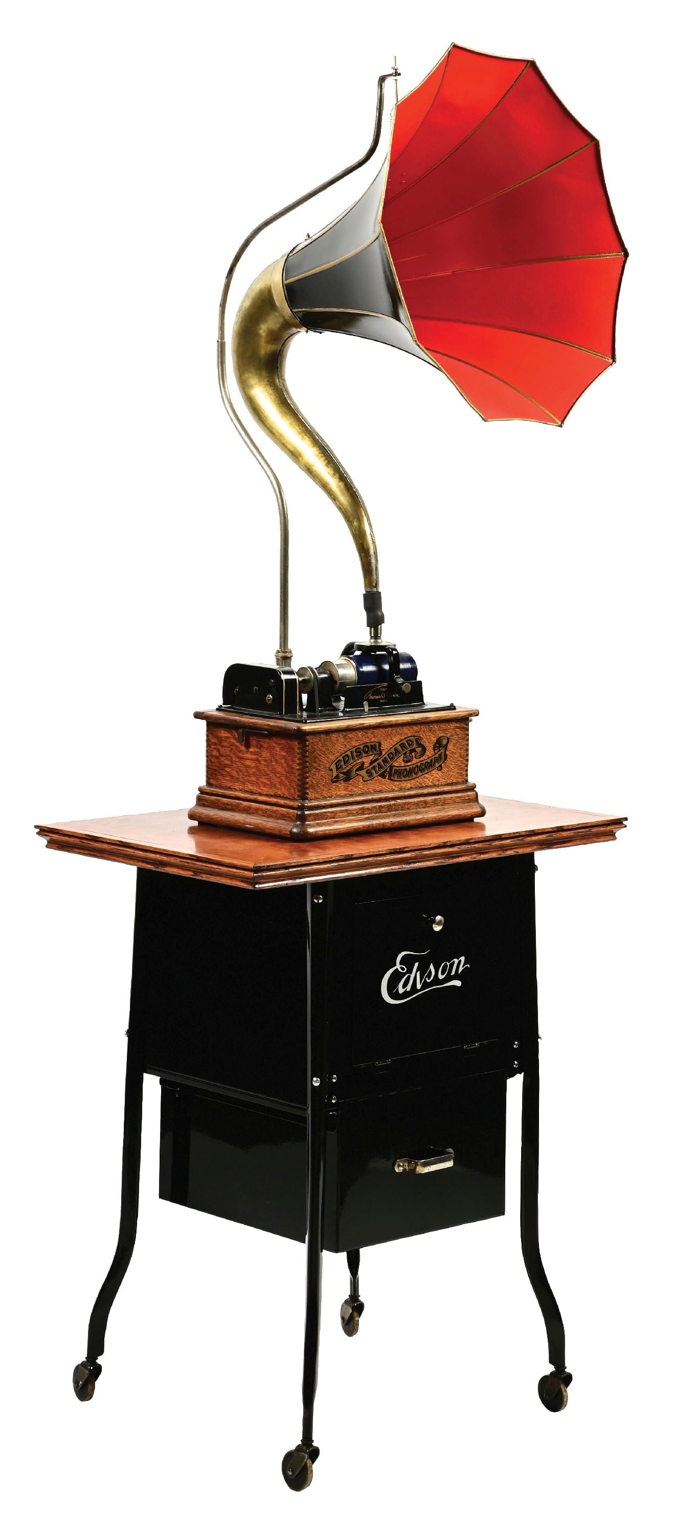 EDISON STANDARD CYLINDER PHONOGRAPH W/ SIGNET HORN & ORIGINAL EDISON DICTAPHONE CABINET: C. 1900. A beautiful Edison Standard phonograph with original painted motor cover with 90% original pinstriping, original Edison Standard labeling, with repainted tin signet horn, correct crane, and