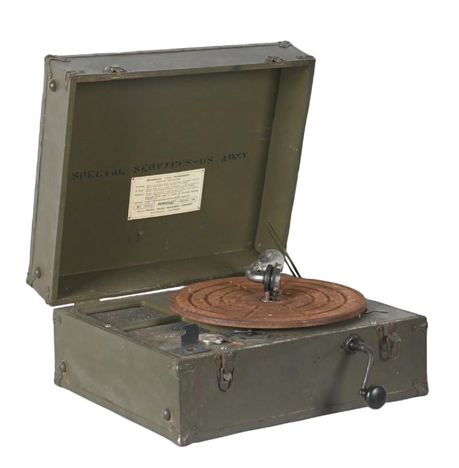 FIELD PHONOGRAPH MANUFACTURED BY THE PACIFIC SOUND EQUIPMENT CO., HOLLYWOOD, CA: Model No. 9A, showing original army green paint to the case, original turntable, correct reproducer, and correct crank. Operational and complete. Marked on the inside of the lid "Special Services US