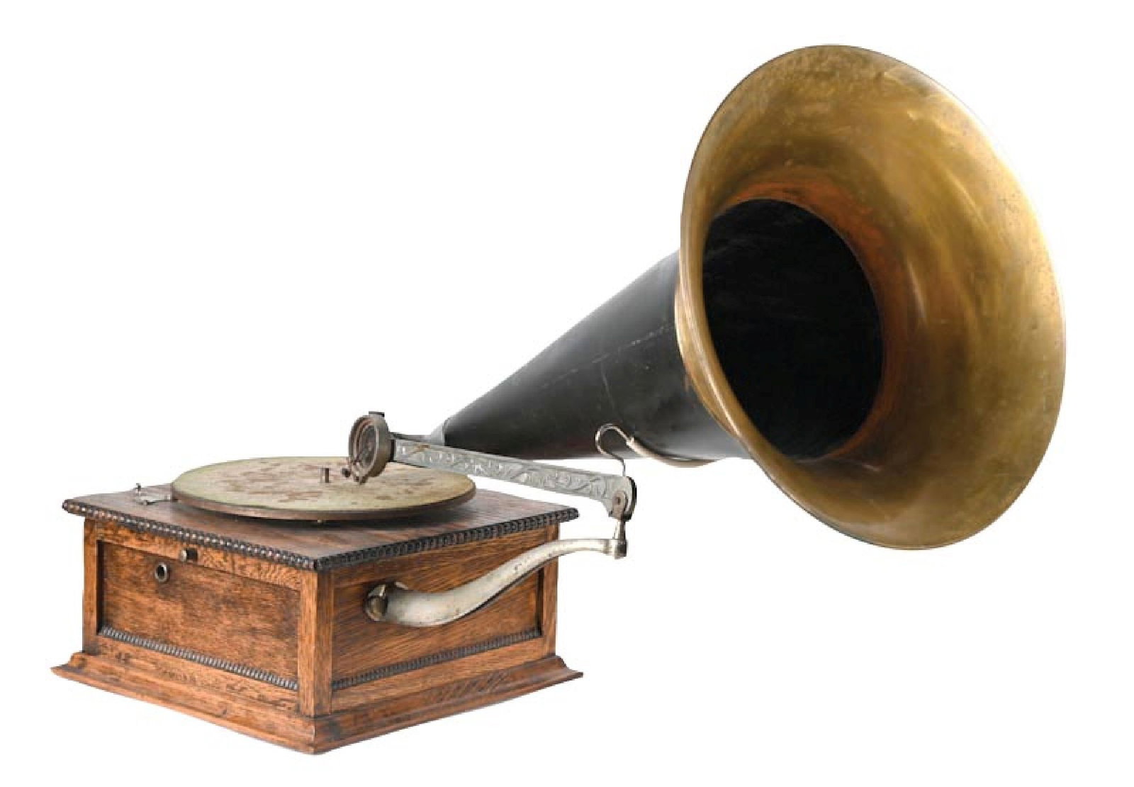 COLUMBIA RECORD PHONOGRAPH W/ ORIGINAL HORN & CRANE: C. 1905. It shows a refinished oak cabinet with original turntable and felt, horn, and reproducer. The horn shows light denting. It shows original plating to the crane, which is complete. Fully
