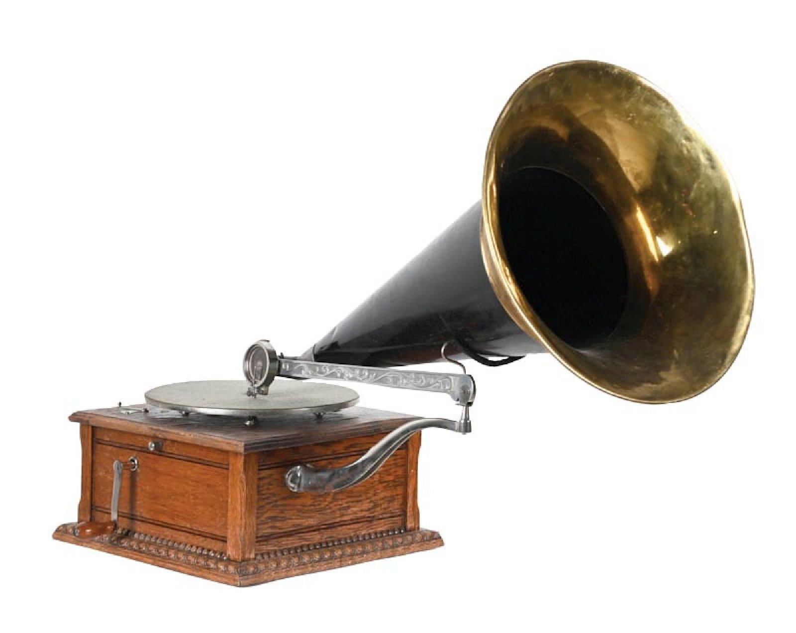 COLUMBIA RECORD PHONOGRAPH WI/ ORIGINAL HORN & CRANE: C. 1905. It shows an original wood case with felt on the turntable, crank, horn in original paint with light denting, and an original crane. The top of the wooden case shows a light bow. Condition: