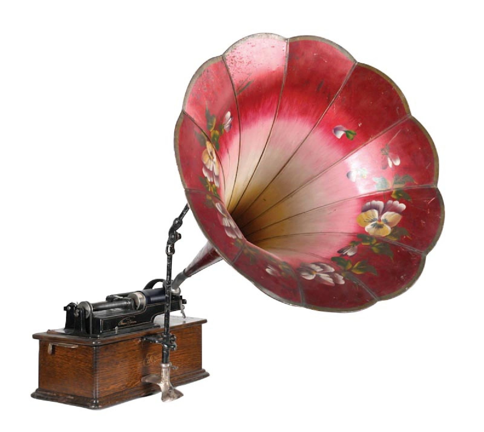 THOMAS EDISON HOME PHONOGRAPH: C. 1900. It shows 50% original pinstripe, original paint to the motor housing, mandrel and reproducer, with a replaced horn. It shows an original finish to the wood case and fully operational. This