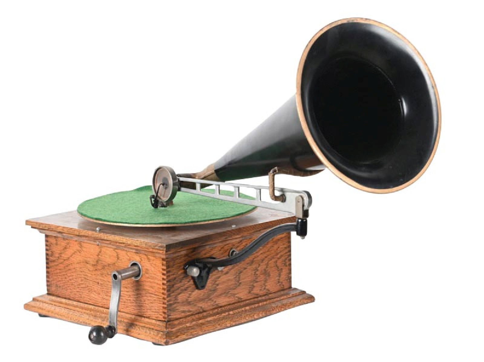 STANDARD TALKING MACHINE CO. RECORD PHONOGRAPH: C. 1910. It shows an original wood cabinet with decal, as well as an over finish to the wood. It has an original turntable with new felt, original crane and horn, showing light scuffs, scrapes and