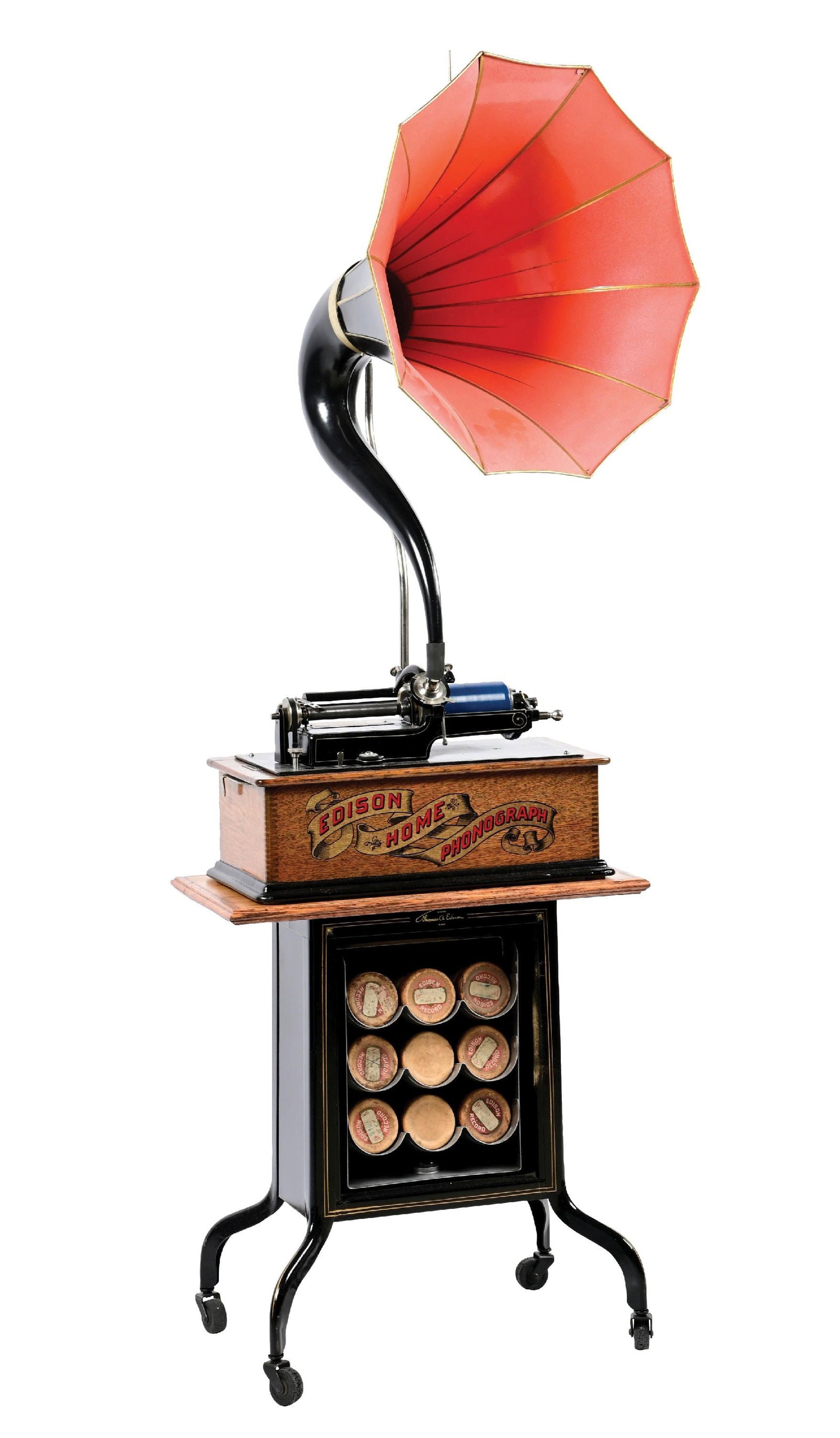 THOMAS EDISON "HOME" CYLINDER PHONOGRAPH ON ORIGINAL STAND: C. 1900. Older refinishing to the oak cabinet with original paint to the motor housing with 85% original pinstriping. With correct reproducer, correct crane, repainted signet horn, and no lid. Operati