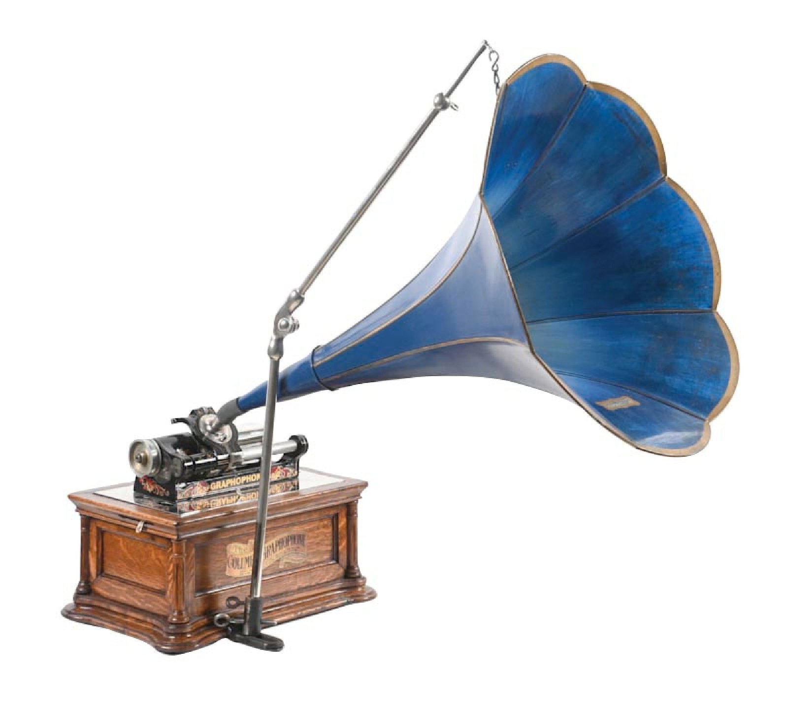 COLUMBIA PHONOGRAPH CO. CYLINDER GRAPHOPHONE: C. 1900. Old restoration to the oak cabinet, with new decal and new finish, with repainted motor cover. Comes with correct reproducer, with repainted Morning Glory horn, with correct crane. Will requi