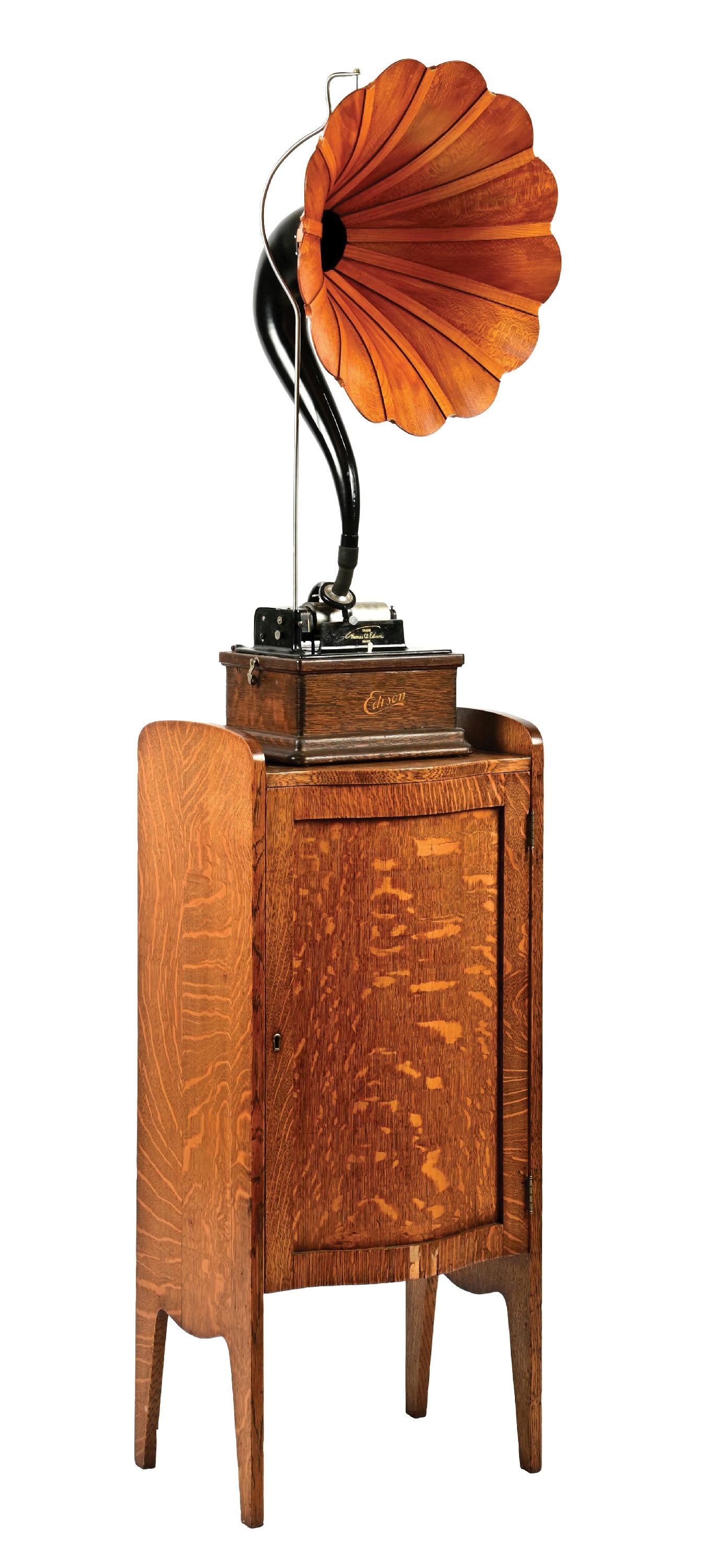 EDISON FIRESIDE PHONOGRAPH W/ REPLICA OAK SIGNET HORN & STAND (1 of 15)