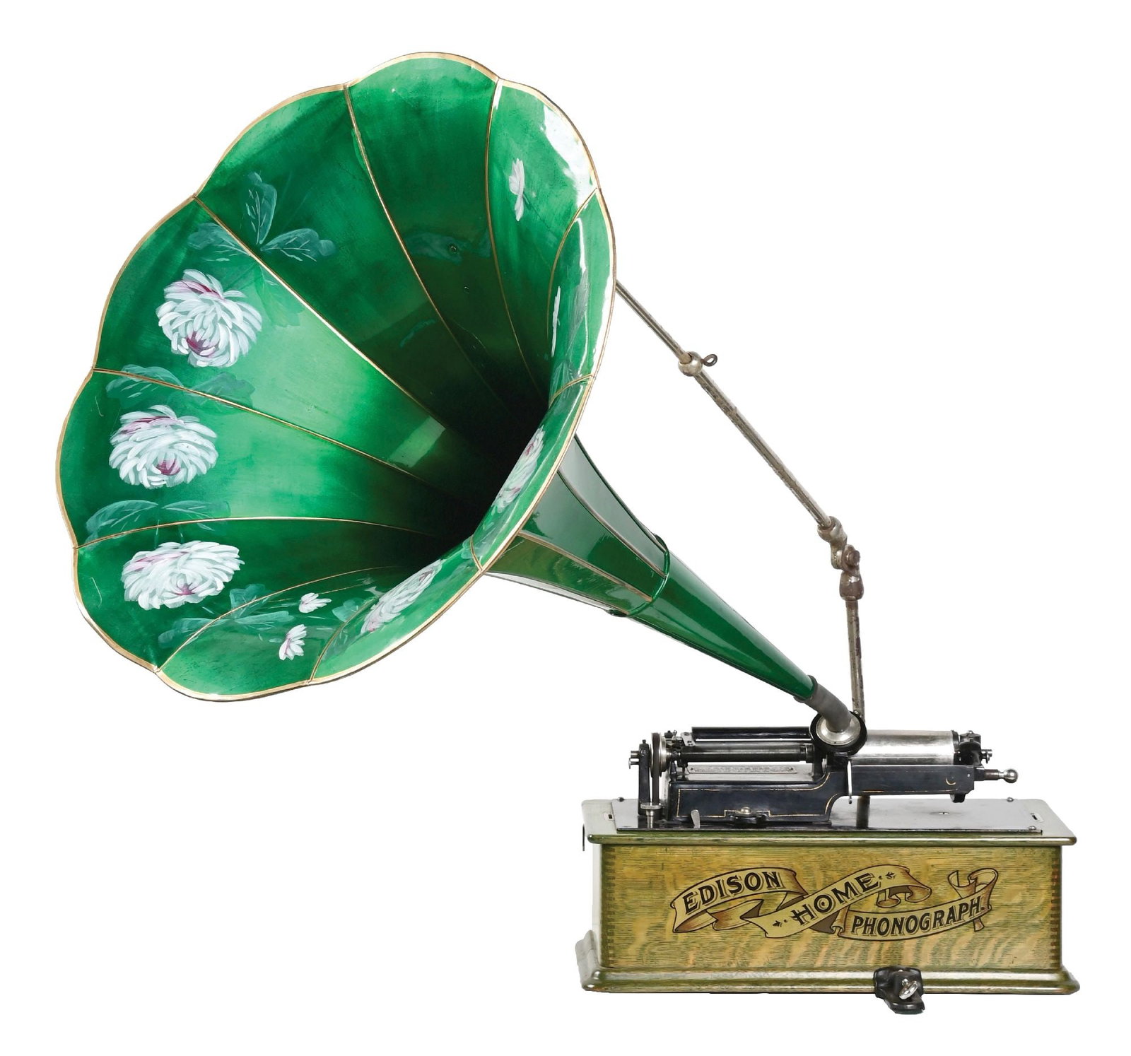 BEAUTIFUL FINISH EDISON HOME PHONOGRAPH W/ PAINTED MORNING GLORY HORN (1 of 7)