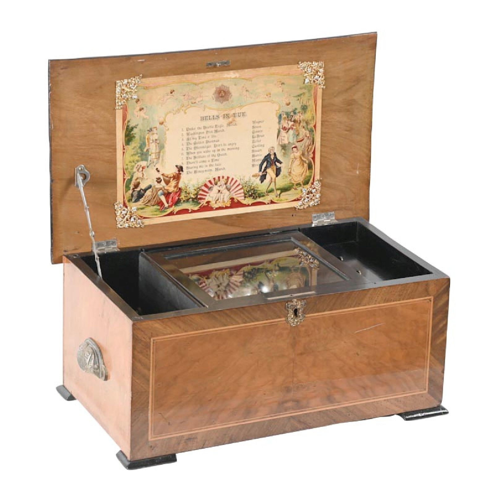 SWISS "BELLS IN VUE" CYLINDER MUSIC BOX W/ BELLS: C. 1890. Playing 10 tunes on a 6" cylinder with bells. No damage or repairs to the comb, original tune card showing the 10 tunes, original mixed marquetry wood case with top decal, showing light to mo