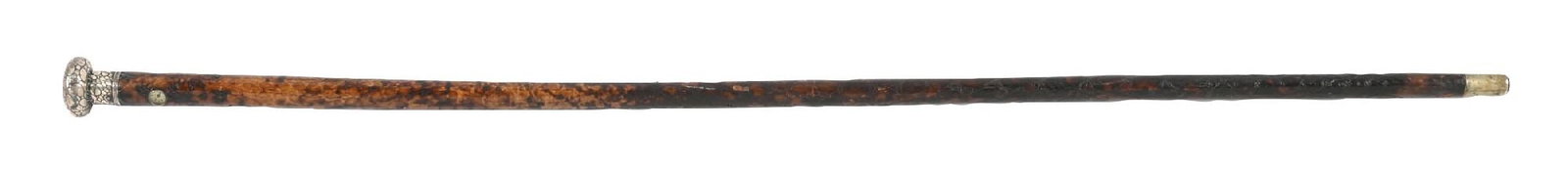 SILVER AND LEATHER HOLUSKA WATCH CANE: C. 1886–1922. A silver and leather Holuska watch cane featuring a silver knob handle bearing silversmith maker’s marks and Viennese hallmarks. The shaft is constructed of textured leather 