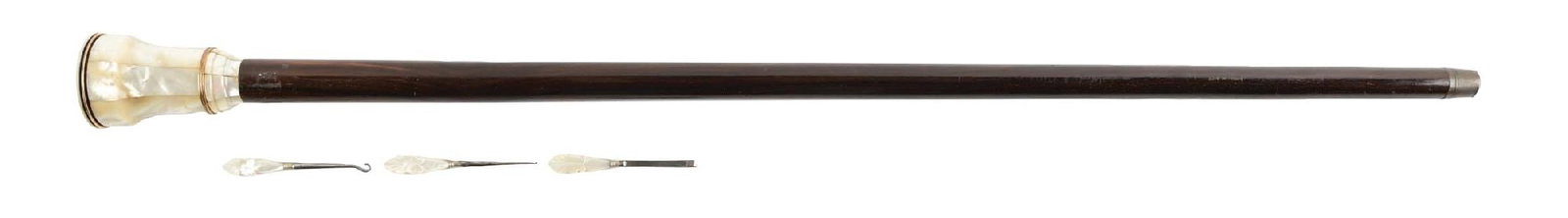 ANTIQUE WALKING MANICURE STICK CANE WITH MOTHER-OF-PEARL HANDLE: C. 1880–1910. Victorian mother-of-pearl manicure gadget walking cane with segmented handle opening to reveal grooming implements including button hook, nail cleaner, and pick/file tools with