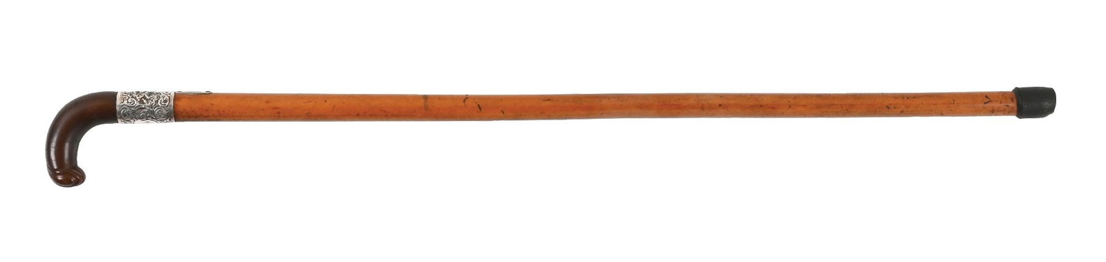 RHINO HORN AND SILVER AND MALACCA SHAFT CANE: Rare rhino horn carved handle cane with silver band. Marked James T. Kevern - Banker. Condition: (Excellent). Dimensions: 33" Length.