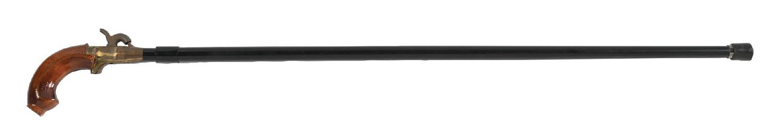 STEVEN'S PISTOL GUN CANE: C. 1800s. A CMC .44 caliber black powder percussion “New Orleans Ace” pistol-grip gun cane. The cane features a pistol-style grip and a metal shaft, characteristic of this scarce and desir