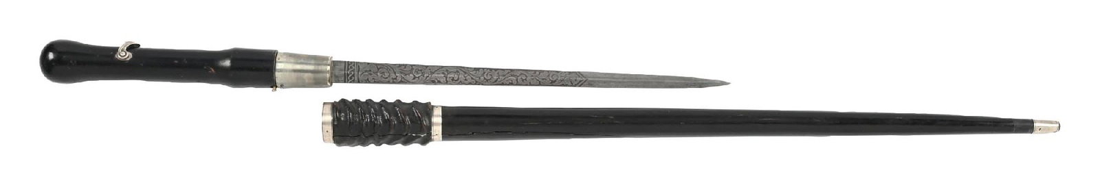 RARE SWORD CANE: C. 1780s-1800. A rare English short sword cane featuring a highly decorated 14-inch blade. One side of the blade is engraved with elaborate oak leaves, while the opposite side bears a crest depicting