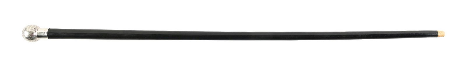 ANTIQUE WALKING STICK WITH BLACK EBONY SHAFT AND SILVER KNOB: C. 1920–1940. Gadget lighter walking cane with spherical metal lighter top featuring engraved wave decoration and flip-up striker mechanism. Mounted to a silver collar and black hardwood shaft, 