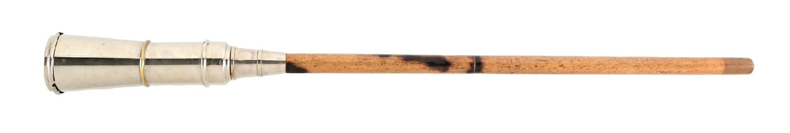 GERMAN PICNIC TRAVEL CANE WITH WOOD SHAFT: C. 1930–1950. German picnic set walking cane with reservoir top housing four gilt-lined shot cups and folding utensils. Perforated shaker or strainer lid. Mounted to a figured hardwood shaft. Ma