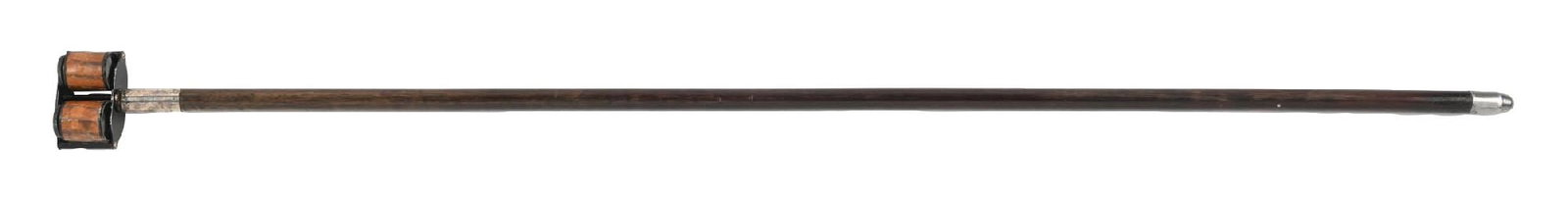 BINOCULAR GADGET CANE: C. 1880s-1930s. A desirable binocular gadget cane featuring a leather-encased adjustable Busch binocular handle. Both oculars are adjustable for focus and rotate outward to accommodate interpupillary 
