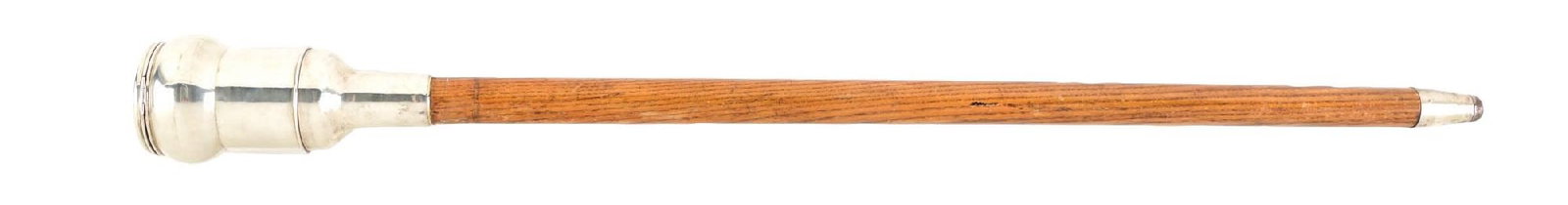 NECESSAIRE HANDLE WALKING STICK W/ OAK WOOD SHAFT: C. 1890–1915. Gentleman’s travel or necessaire walking cane featuring a large bulbous container handle opening to reveal accessories including folding knife, stag-handled folding fork, gla