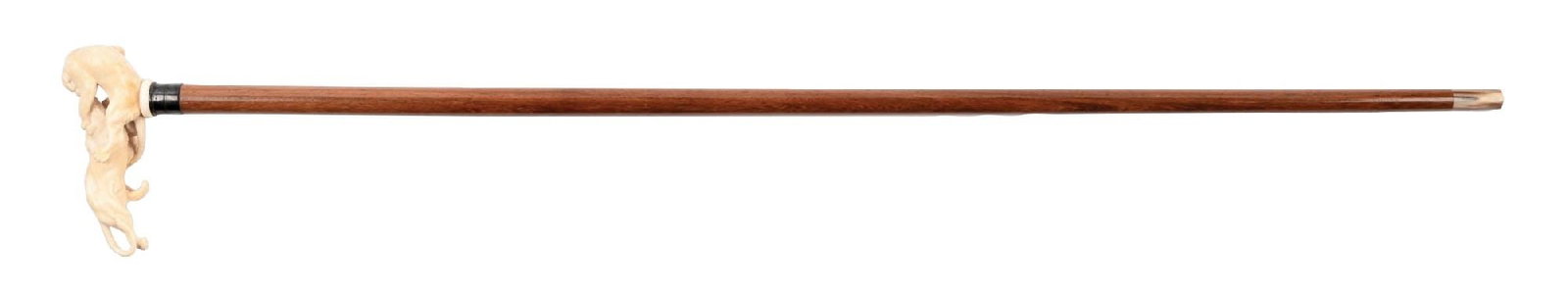 ANTIQUE WALKING STICK CANE W/ 2 CARVED IVORY LIONS (1 of 4)