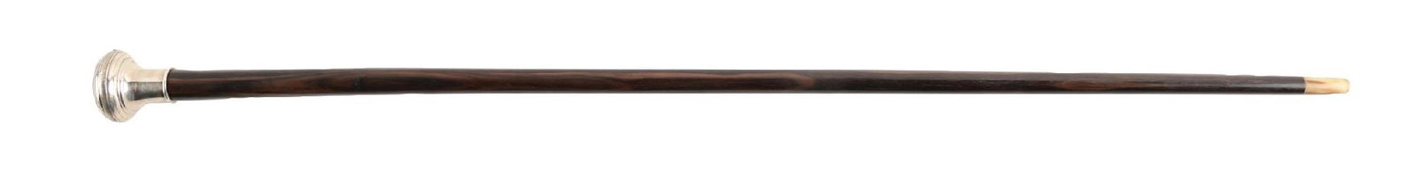 ANTIQUE OPEN FACE POCKET WATCH CANE W/ KEY AND DARK WOOD SHAFT: C. 1880–1910. Swiss silver watch-top walking cane featuring a large Roman numeral dial with subsidiary seconds register, hinged bezel, and original winding key. Swiss hallmarked silver mount fit