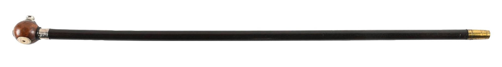 ANTIQUE ROYAL SMOKING CANE: Early gadget cane with smoking bowl at end of cane. Ivory and silver on bowl. Royal seal on outside of bowl. Condition: (Excellent). Dimensions: 35 - 1/2" length