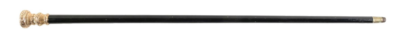 ANTIQUE PRESENTATIONAL CANE STICK W/ GOLD REPOUSSE HANDLE AND DARK SHAFT (1 of 4)