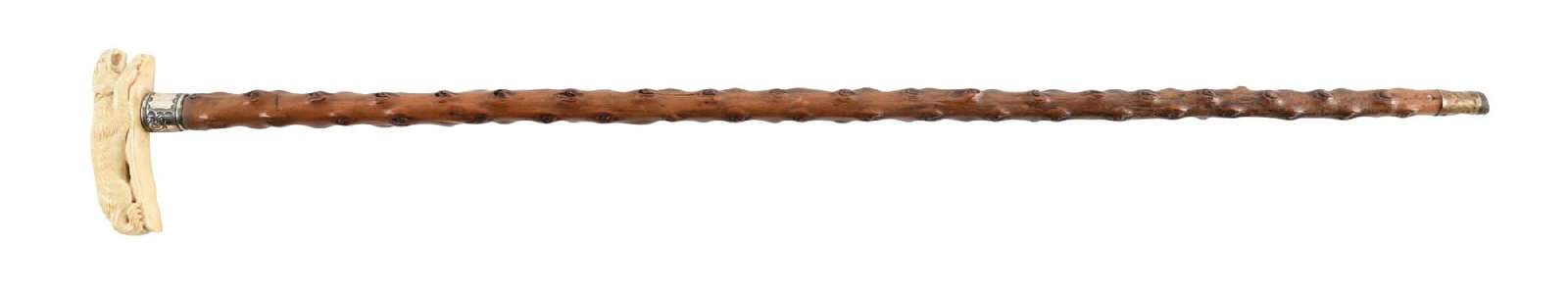 CANE W/ CARVED IVORY TIGER WITH GLASS EYES HANDLE AND WOOD SHAFT (1 of 6)